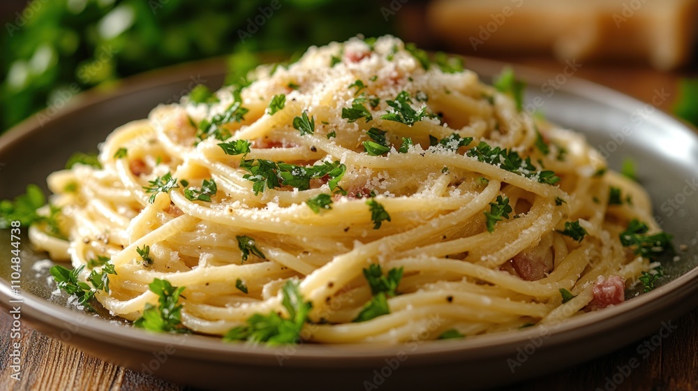 A plate of spaghetti carbonara with parmesan cheese and parsley. A plate of spaghetti carbonara with parmesan cheese and parsley.