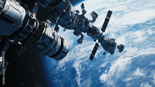 Fototapeta Naklejka Na Ścianę i Meble -  A robotic space tourism venture, orbital space station with tourist robots, Modern style