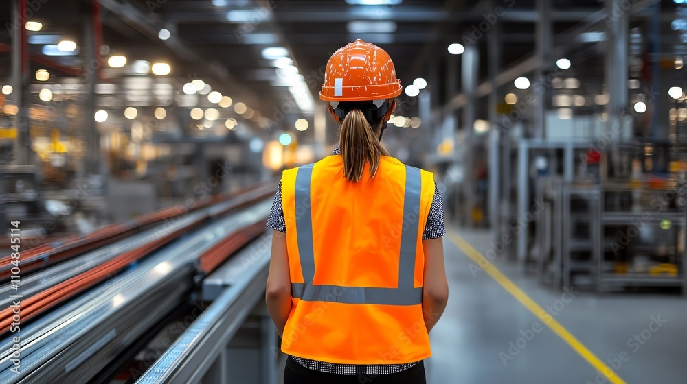 Woman in safety gear in a warehouse setting. Woman in safety gear in a warehouse setting.