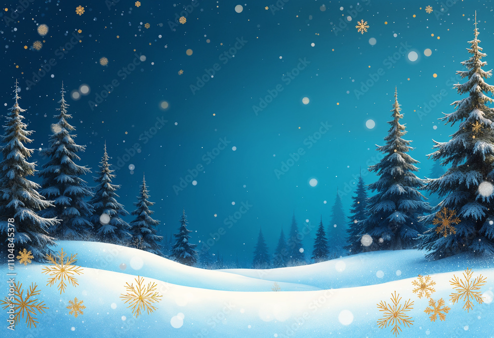 Naklejka premium A dark blue background with intricate golden glitter snowflakes scattered across the canvas. The snowflakes glimmer and shimmer, creating an elegant, festive ambiance.