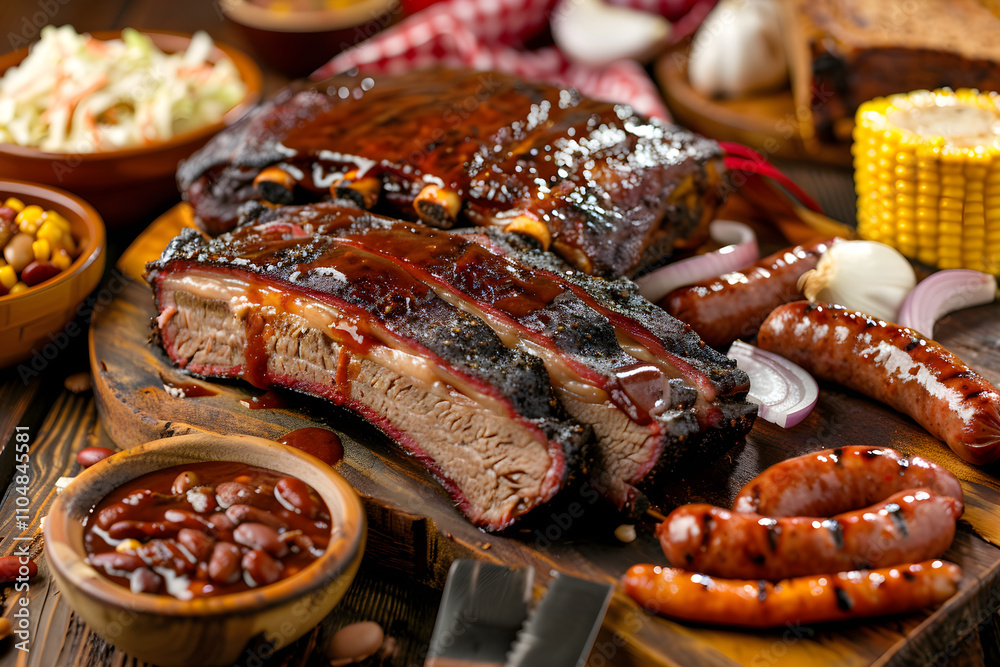 Wholesome Texas-style Barbecue Feast - Hearty Brisket, Smoky Ribs, Corn Bread, and Classic Sides Wholesome Texas-style Barbecue Feast - Hearty Brisket, Smoky Ribs, Corn Bread, and Classic Sides