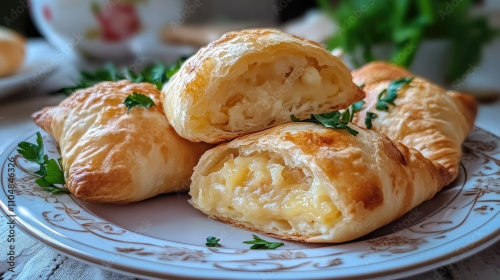 Flaky pastries filled with cheese, garnished with herbs on a decorative plate. Flaky pastries filled with cheese, garnished with herbs on a decorative plate.