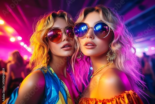 Vibrant Women in Colorful Outfits at Nightclub with Neon Lights and Reflective Sunglasses photo