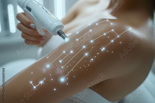 Illustration of a woman undergoing laser skin care procedure treatment using high-quality tools and meticulous techniques.