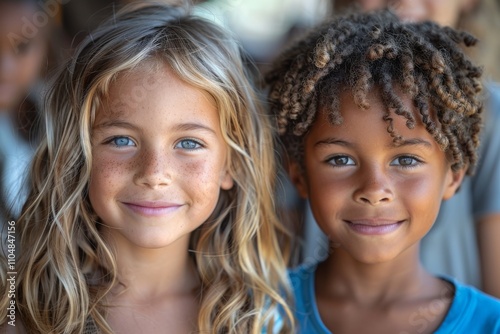 Two Young Girls Smiling Together with Different Hair Textures and Skin Tones, Capturing Joyful Childhood Friendship and Diversity in Natural Light Setting