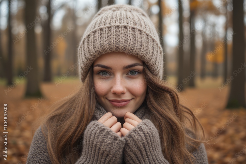Young Woman Smiles Wearing Knit Hat and Sweater Outdoors Young Woman Smiles Wearing Knit Hat and Sweater Outdoors