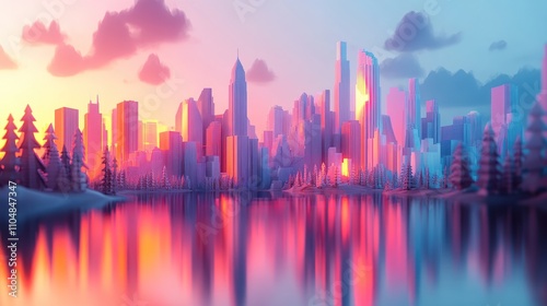 A futuristic cityscape with a lake in the foreground and a colorful sunset sky.