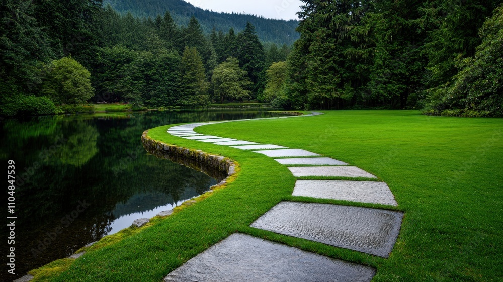 Fototapeta premium environmental consideration recycling and nature. Serene pathway winding through lush greenery by a calm lake.