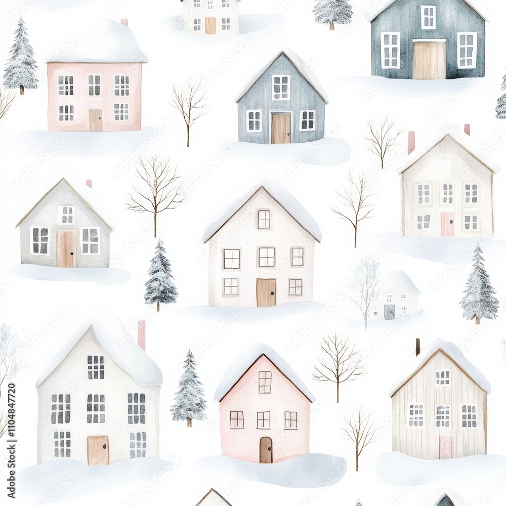 Fototapeta premium Seamless pattern of snow-covered dollhouses, pastel boho watercolor, isolated on white background