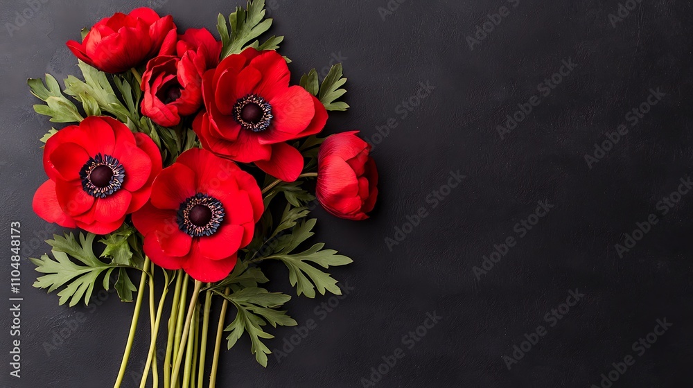Fototapeta premium Vibrant red anemones bouquet close-up nature background for serene home decor
