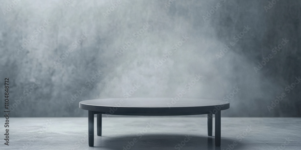 A minimalistic round table stands on a smooth surface, surrounded by a misty gray background, creating a serene and modern atmosphere. A minimalistic round table stands on a smooth surface, surrounded by a misty gray background, creating a serene and modern atmosphere.