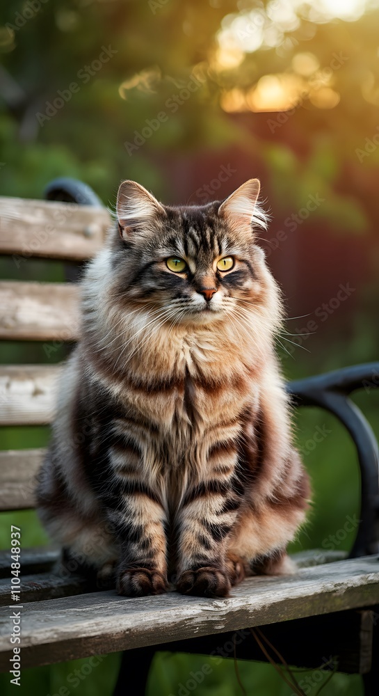 beautiful Siberian cat walking in rural yard, sitting on wooden bench, cat summer portrait beautiful Siberian cat walking in rural yard, sitting on wooden bench, cat summer portrait