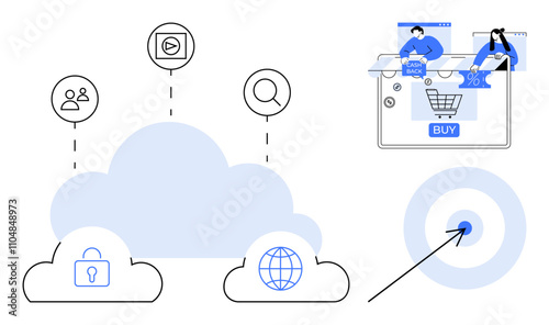 Cloud icons, security, and global access symbols connected to user icons and media. Bottom right shows online shopping cart and target bullseye. Ideal for technology, e-commerce, digital marketing