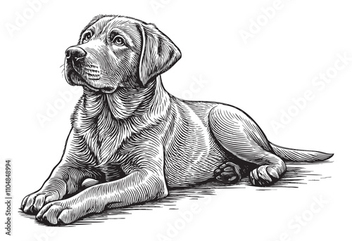 Labrador retriever lying down sketch hand dawn drawing vector illustration