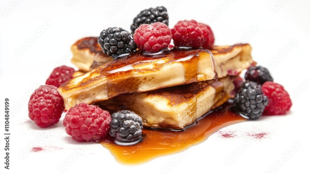 A stack of waffles drizzled with syrup, topped with raspberries and blackberries. A stack of waffles drizzled with syrup, topped with raspberries and blackberries.