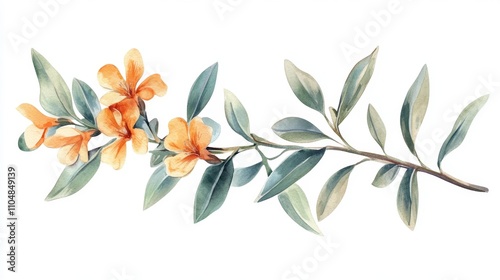 A delicate watercolor illustration of a flowering branch with orange blossoms and green leaves against a white background.