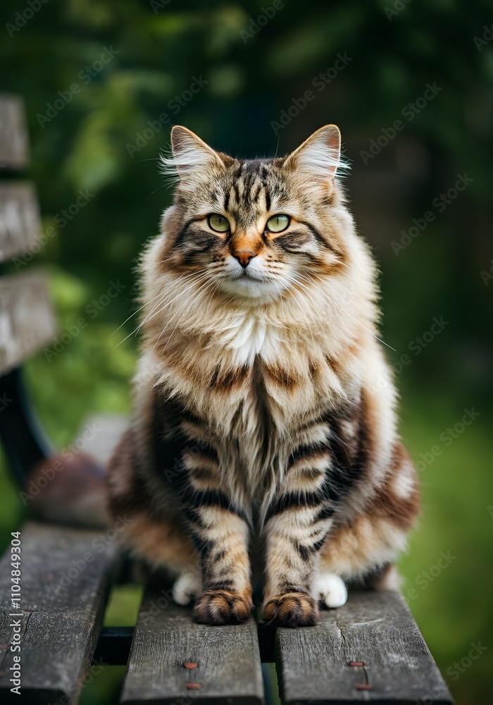 beautiful Siberian cat walking in rural yard, sitting on wooden bench, cat summer portrait beautiful Siberian cat walking in rural yard, sitting on wooden bench, cat summer portrait