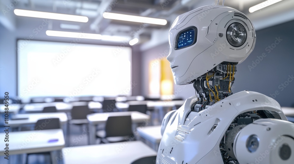 Fototapeta premium A robotic teacher conducting a class in a futuristic smart classroom, interactive whiteboards and digital desks, Educational style
