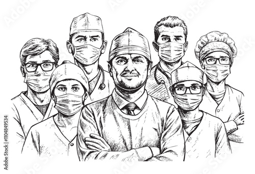 group of team surgeon doctor sketch hand dawn drawing vector illustration