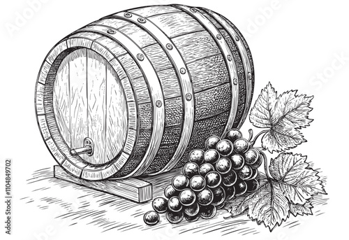 oak barrel and grape sketch hand dawn drawing vector illustration