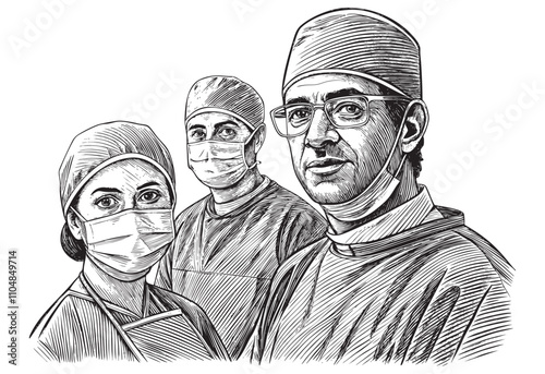 group of team surgeon doctor sketch hand dawn drawing vector illustration