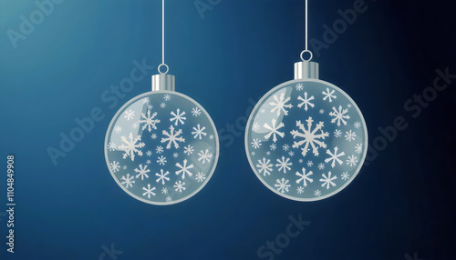 Two Clear Christmas Ornaments with Snowflake Designs Against a Deep Blue Background