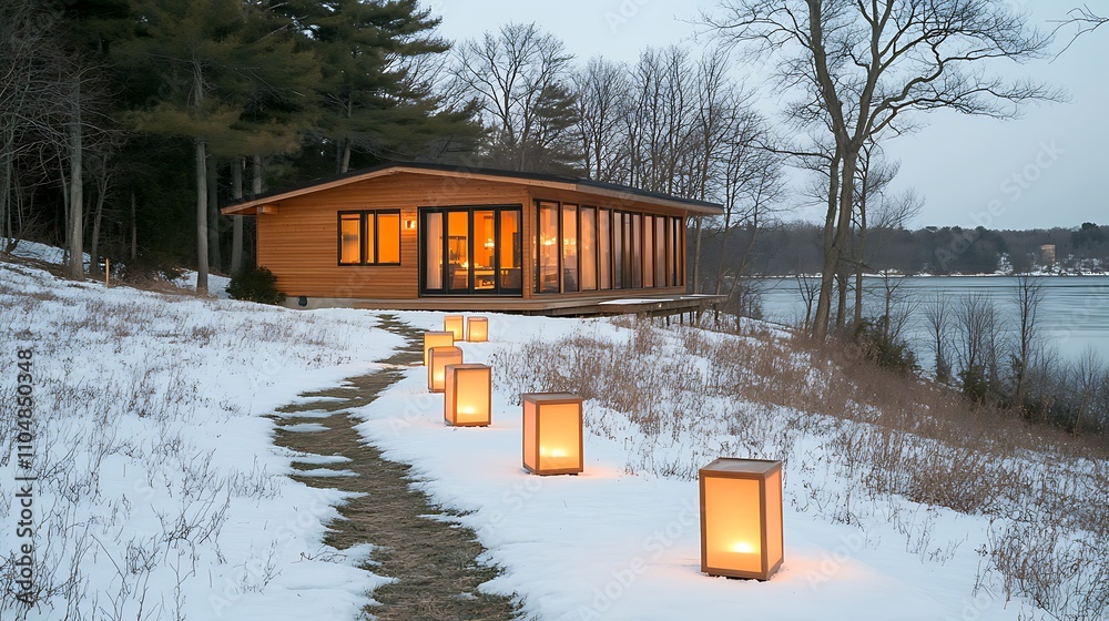 A snowy night scene with glowing lanterns leading up to a warmly lit Christmas cabin