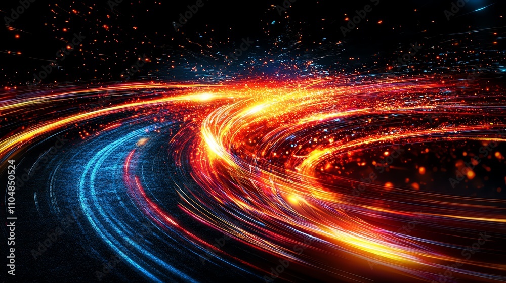 Dynamic light trails in vibrant colors on a dark background. Dynamic light trails in vibrant colors on a dark background.