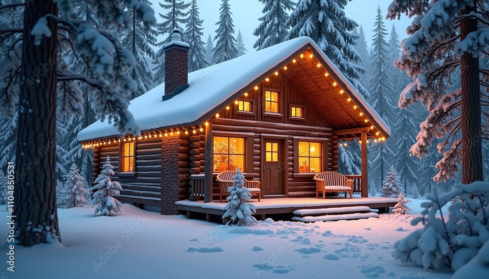 Rustic Cabin in a Snowy Forest with Holiday Lights Rustic Cabin in a Snowy Forest with Holiday Lights
