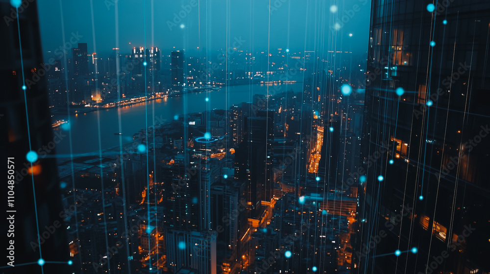 Obraz premium Smart digital city with connection cyber security network reciprocity over the twilight cityscape.future wireless digital city and social media networking systems that connects people within the city
