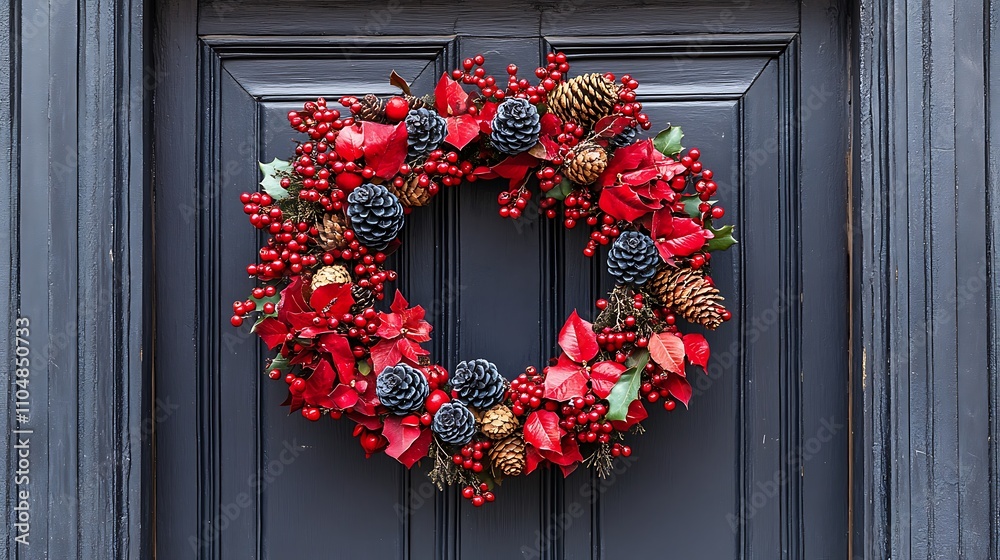 A wreath made of holly, pinecones, and red berries hanging on a wooden door A wreath made of holly, pinecones, and red berries hanging on a wooden door
