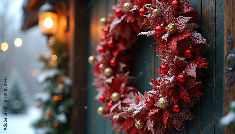 Ornate Red and Gold Christmas Wreath on Wooden Door Ornate Red and Gold Christmas Wreath on Wooden Door