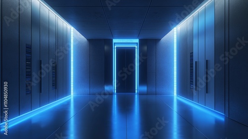 Futuristic glowing server room corridor with neon blue lights