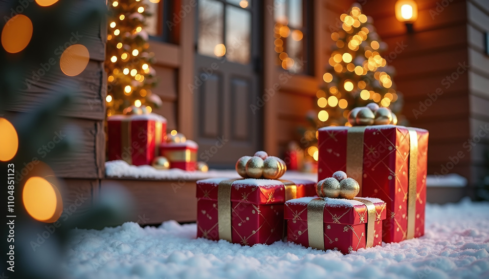 Elegant Holiday Gift Boxes on a Snowy Porch Elegant Holiday Gift Boxes on a Snowy Porch
