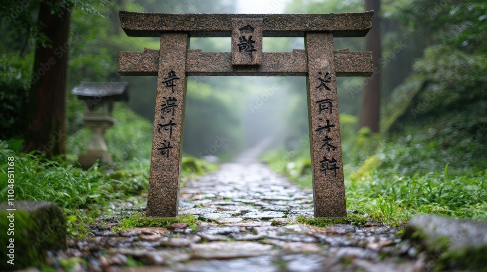 Serene Stone Torii Gate Path Japanese Shrine Misty Forest Cobblestone Walkway Serene Stone Torii Gate Path Japanese Shrine Misty Forest Cobblestone Walkway