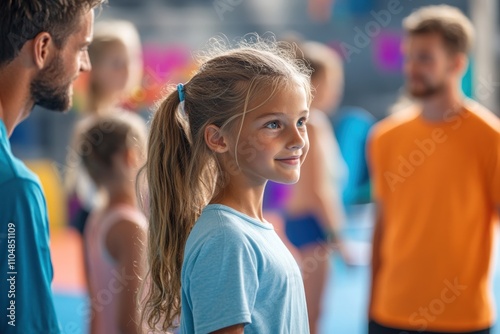 A young girl with blonde hair and blue eyes looks to the side while standing in a group of people.