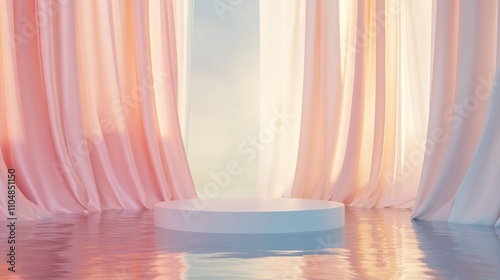 A serene stage with flowing curtains and water  creating a tranquil atmosphere.