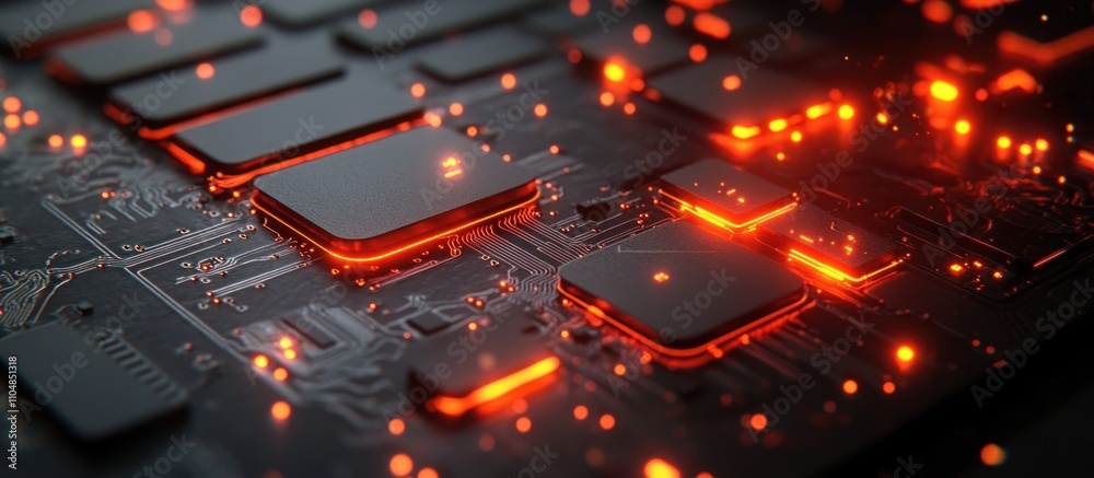 A close-up of a circuit board with glowing red lights. A close-up of a circuit board with glowing red lights.