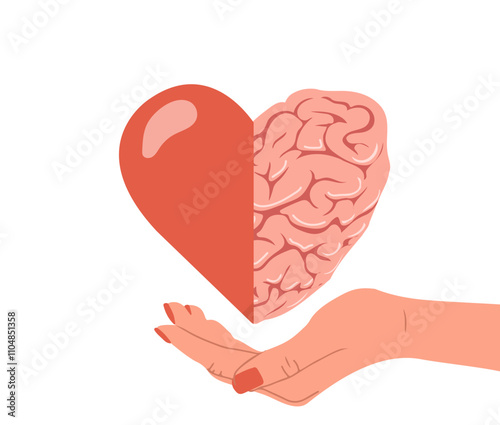 Heart and Brain connection. Rational reasonable and emotional choice. Female hand holding heart with brain. Vector illustration in flat cartoon style.