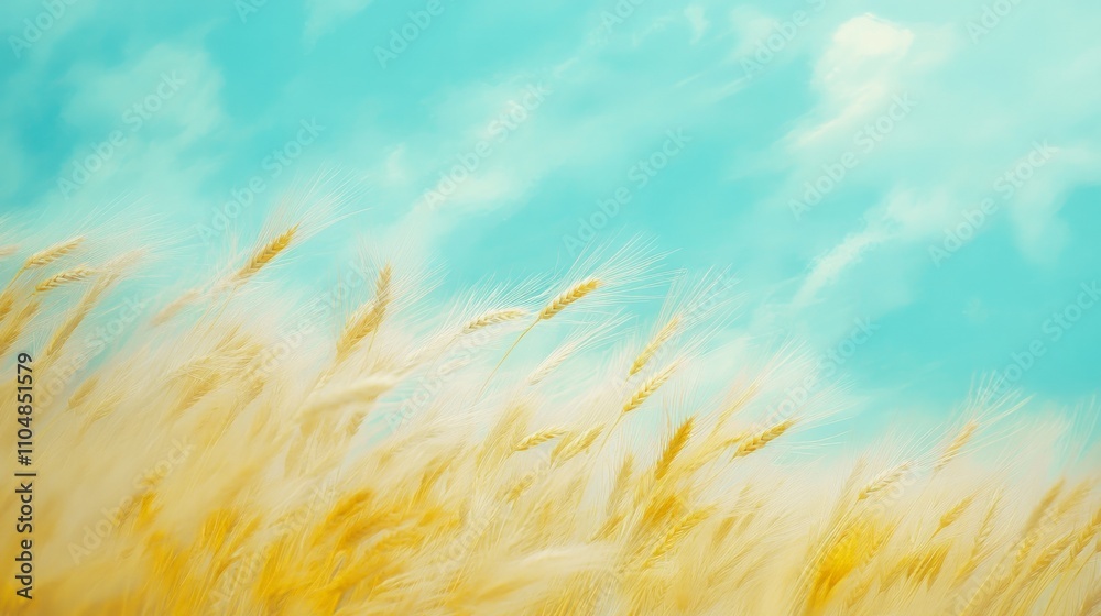 Golden wheat field dancing in the wind, vibrant blue sky overhead, a stunning representation of nature's abundance and rural serenity. Golden wheat field dancing in the wind, vibrant blue sky overhead, a stunning representation of nature's abundance and rural serenity.