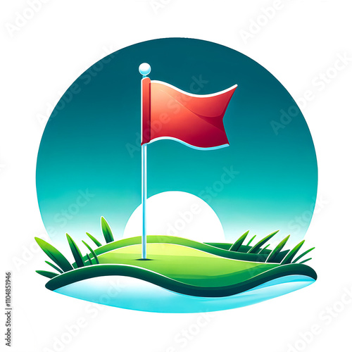 Conceptual vector illustration of a red flag for putting green on a golf course on a white background.