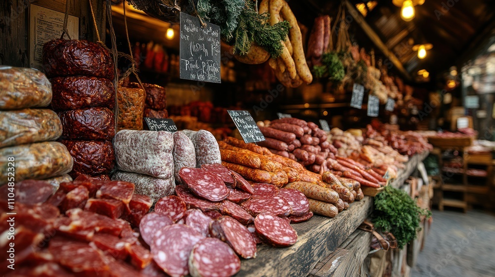Obraz premium A variety of cured meats are displayed for sale at a butcher shop.