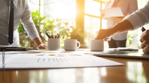 A business meeting with coffee cups and charts on a table, highlighting collaboration.