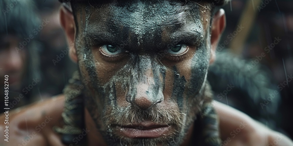 Intense warrior preparing for battle amidst a fierce rain in a chaotic environment filled with tension and anticipation Intense warrior preparing for battle amidst a fierce rain in a chaotic environment filled with tension and anticipation