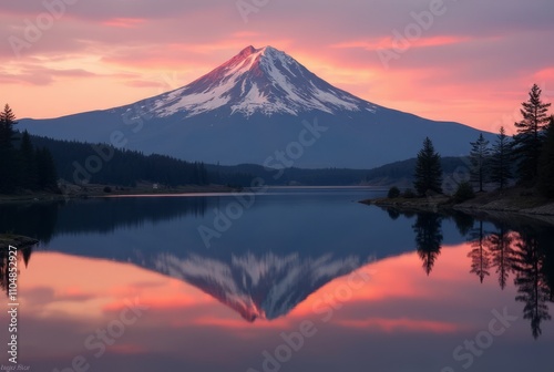 Majestic Mountain Reflecting in Calm Lake at Sunrise