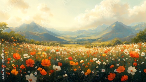 Vibrant flower field with a stunning mountain backdrop under a bright sky.