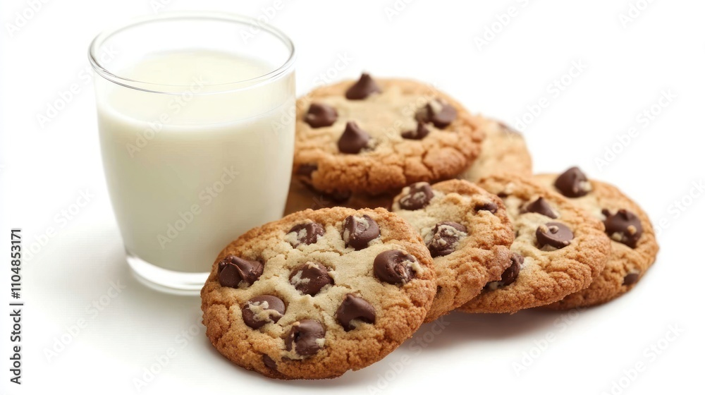 A glass of milk next to a stack of chocolate chip cookies on a white background. A glass of milk next to a stack of chocolate chip cookies on a white background.