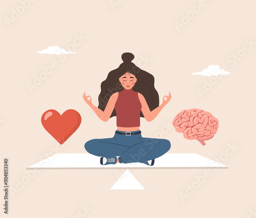 Brain and Heart Balance. Wellness concept. Young woman choosing between Feelings and Mind. Flat design. Vector illustration in cartoon style.