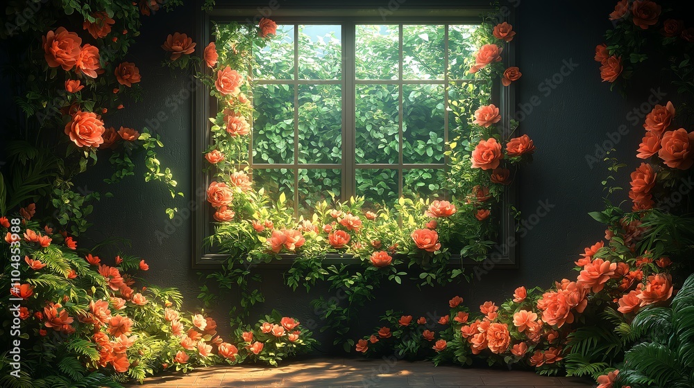 Window adorned with lush flowers, creating a vibrant indoor garden atmosphere. Window adorned with lush flowers, creating a vibrant indoor garden atmosphere.