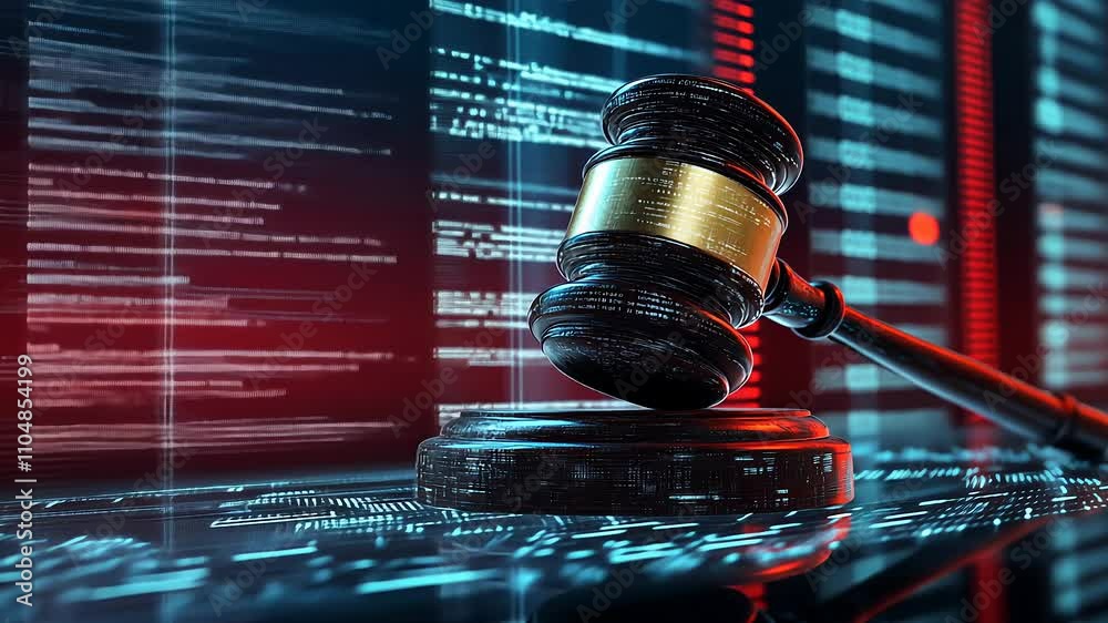 A gavel rests on a digital surface illuminated by streams of data. This symbolizes the fusion of law and technology in today's legal practices, reflecting a new era of justice.